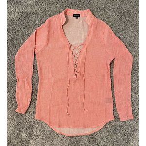 BKE Black Sheer Dressy Blouse Top Shirt Red White Striped Buckle Black XS Deep V